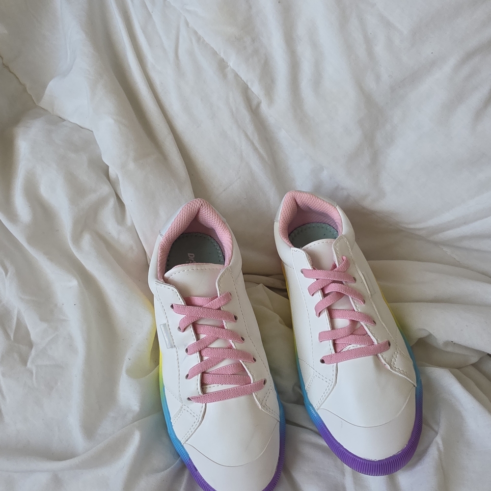 White Kids Sneakers with Pink Trim and Rainbow Sole